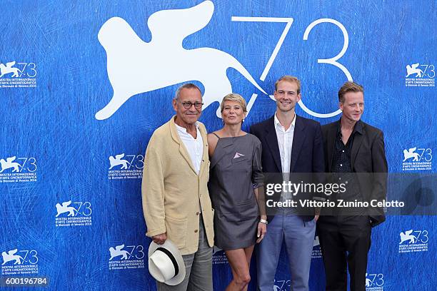 Director Andrej Koncalovskij, actors Julia Vysotskaya, Christian Clauss and Jakob Diehl attend a photocall for 'Paradise' during the 73rd Venice Film...