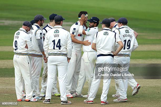 Yorkshire celebrate the dismissal of Ryan Pringle of Durham during Day Three of the Specsavers County Championship Division One match between...