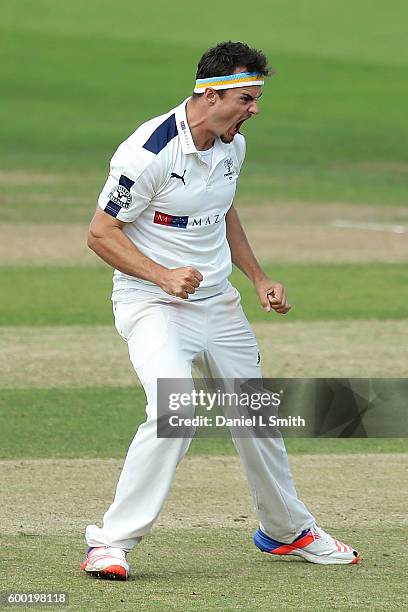 Jack Brooks of Yorkshire reacts after his LBW dismissal of Ryan Pringle of Durham during Day Three of the Specsavers County Championship Division One...