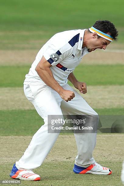 Jack Brooks of Yorkshire reacts after his LBW dismissal of Ryan Pringle of Durham during Day Three of the Specsavers County Championship Division One...