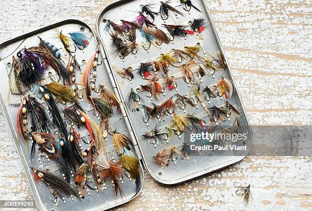 metal box of fishing flies - fishing tackle box stock pictures, royalty-free photos & images