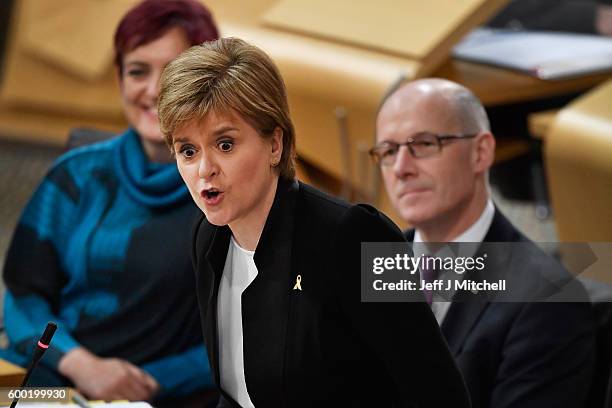 First Minister Nicola Sturgeon responds to opposition party leaders during first ministers questions on September 8, 2016 in Edinburgh, Scotland. The...