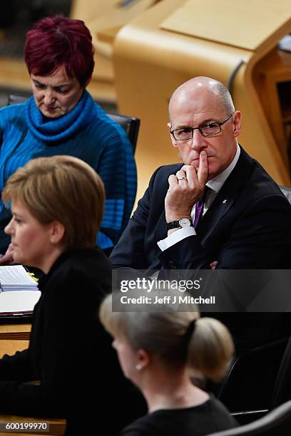 Education Secretary John Swinney reacts during first ministers questions on September 8, 2016 in Edinburgh, Scotland. John Swinney is to update MSPs...