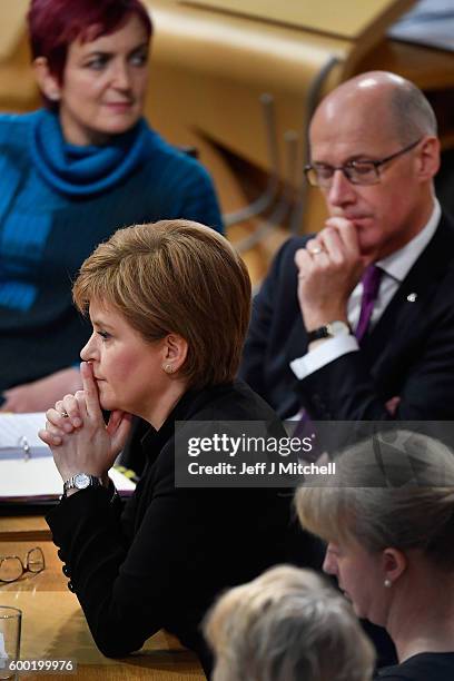 First Minister Nicola Sturgeon responds to opposition party leaders during first ministers questions on September 8, 2016 in Edinburgh, Scotland. The...