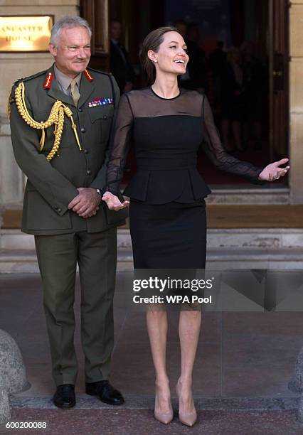 Special Envoy, Angelina Jolie is greeted by UK Vice Chief of the Defence Staff General Sir Gordon Messenger at the UN Peacekeeping Defence...