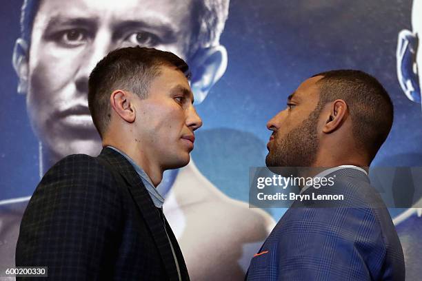 Gennady Golovkin poses with Kell Brook for a photo at a press conference ahead of their fight on Saturday night on September 8, 2016 in London,...