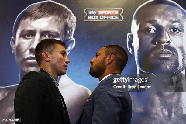 Gennady Golovkin poses with Kell Brook for a photo at a press conference ahead of their fight on Saturday night on September 8, 2016 in London,...