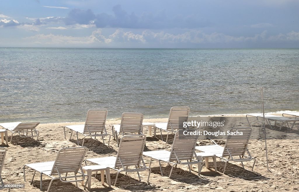 Empty lounge chairs on the tropical beach, Honeymoon Island State Park, Dunedin, Florida, USA