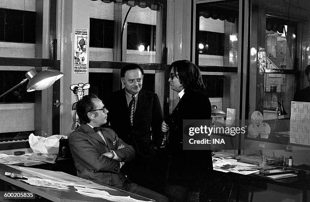 The drawer Morris, René Goscinny and Gérard Jourd' hui during the recording of the television program "budding Cinema".