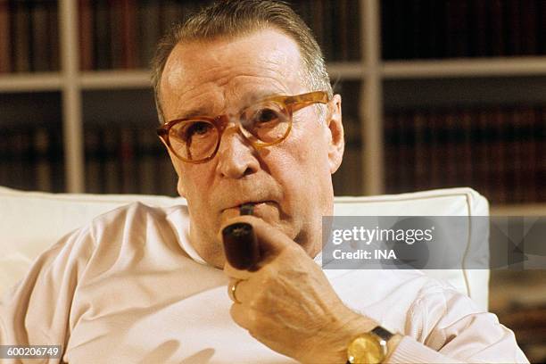 The writer Georges Simenon during an interview in Lausanne for the television news.