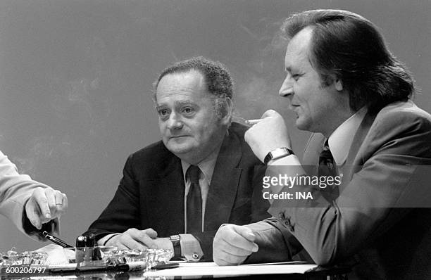 René Goscinny and Albert Uderzo during the recording of the television program "As quick as a flash".