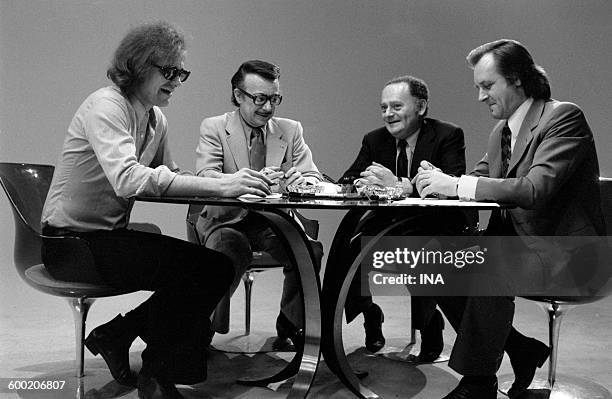 Michel Greg, Dany, René Goscinny and Albert Uderzo during the recording of the television program "As quick as a flash".