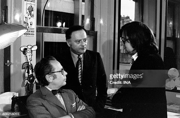 The drawer Morris, René Goscinny and Gérard Jourd' hui during the recording of the television program "budding Cinema".
