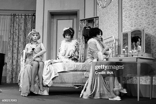 Amarande, Arlette Didier and Liliane Montevecchi in negligee in a scene of "Pétrus", Marcel Achard's play realized by Georges Folgoas and broadcast...