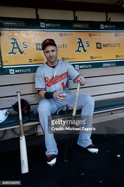 Nolan Reimold of the Baltimore Orioles sits in the dugout prior to the game against the Oakland Athletics at the Oakland Coliseum on August 10, 2016...