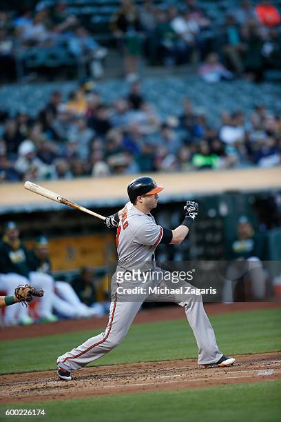 Nolan Reimold of the Baltimore Orioles bats during the game against the Oakland Athletics at the Oakland Coliseum on August 10, 2016 in Oakland,...