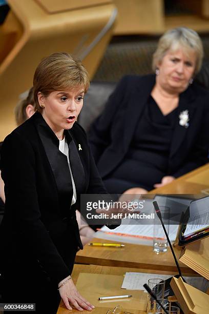 First Minister Nicola Sturgeon responds to opposition party leaders during first ministers questions on September 8, 2016 in Edinburgh, Scotland. The...