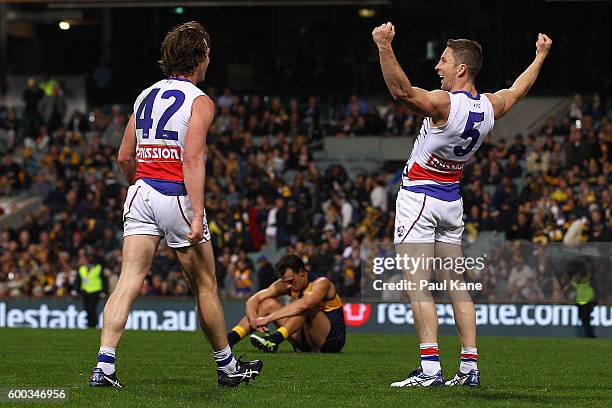 Matthew Boyd of the Bulldogs celebrates winning the Second Elimination Final match between the West Coast Eagles and the Western Bulldogs at Domain...