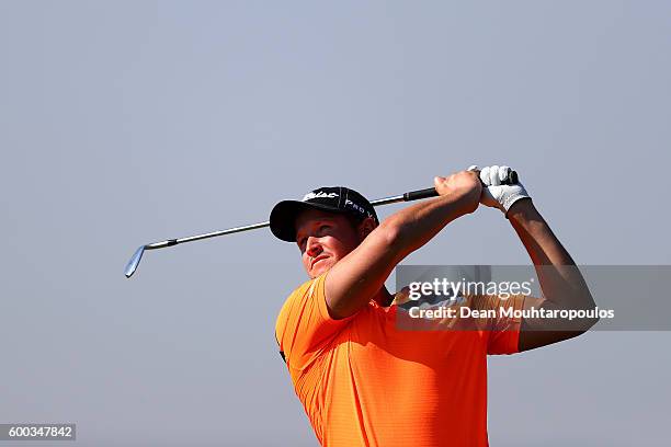 Bjorn Akesson of Sweden hits his third shot on the 18th during the first round on day one of the KLM Open at The Dutch on September 8, 2016 in Spijk,...