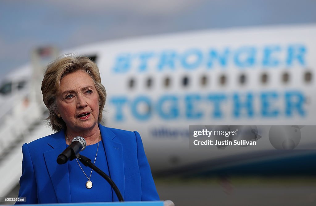 Hillary Clinton Speaks To The Press Before Departing For Campaign Trip To North Carolina