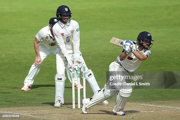 Adam Lythe of Yorkshire bats during Day Three of the Specsavers County Championship Division One match between Yorkshire and Durham at Headingley on...