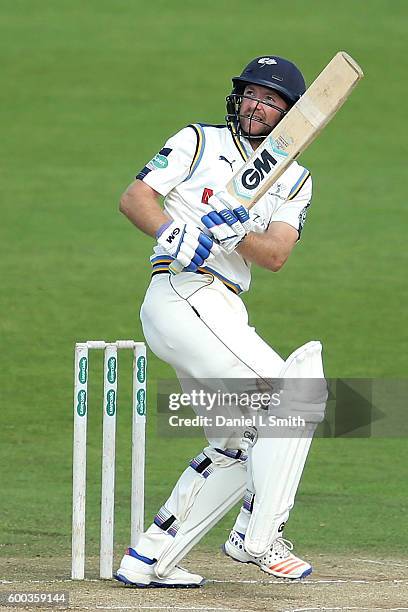 Adam Lythe of Yorkshire bats during Day Three of the Specsavers County Championship Division One match between Yorkshire and Durham at Headingley on...