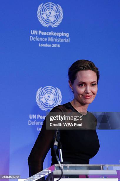Special Envoy, Angelina Jolie speaks at the UN Peacekeeping Defence Ministerial at Lancaster House on September 8, 2016 in London, England.