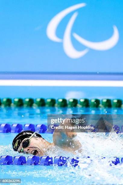 Cameron Leslie of New Zealand competes in the Men's 200m Freestyle S5 heat on day 1 of the Rio 2016 Paralympic Games at Olympic Aquatics Stadium on...