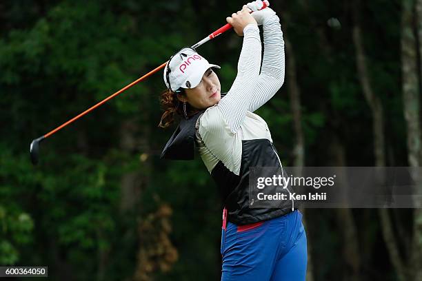 So-Young Kim of South Korea hits her tee shot on the 3rd hole during the first round of the 49th LPGA Championship Konica Minolta Cup 2016 at the...