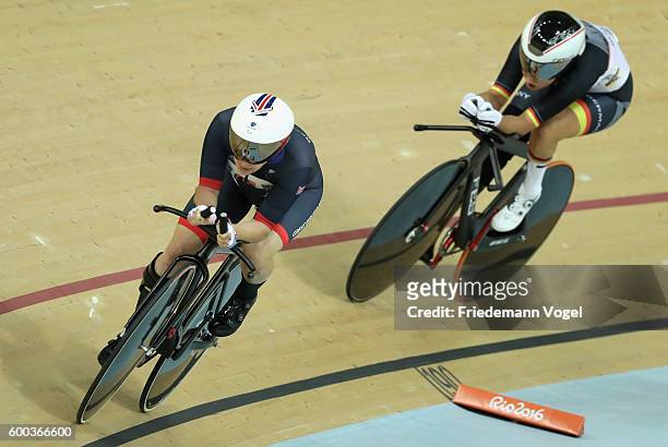 Megan Giglia of Great Britain and Denise Schindler of Germany compet during womens C1-2-3 3000m individual pursuit track cycling on day 1 of the Rio...