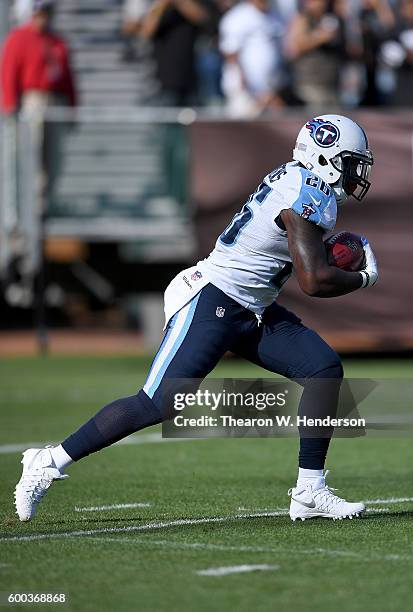 Antonio Andrews of the Tennessee Titans returns a kickoff against the Oakland Raiders in the first half of their preseason football game at the...