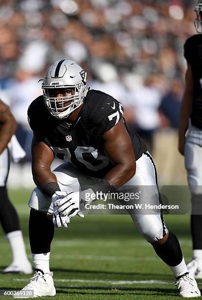 Offensive tackle Kelechi Osemele of the Oakland Raiders in action against Tennessee Titans in the first half of their preseason football game at the...