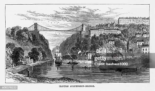 illustrations, cliparts, dessins animés et icônes de pont suspendu de clifton à bristol, angleterre gravure victorienne, vers 1840 - bristol england