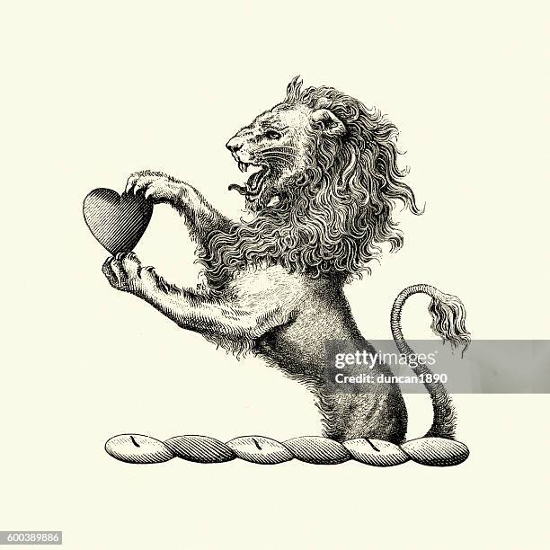 illustrations, cliparts, dessins animés et icônes de lion héraldique tenant un cœur - gravure sur bois