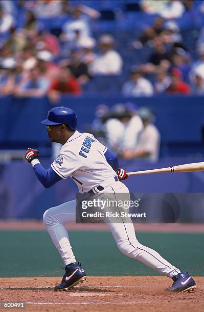 Tony Fernandez of theToronto Blue Jays starts to head to first base after hitting the ball while at bat during the game against the Baltimore Orioles...