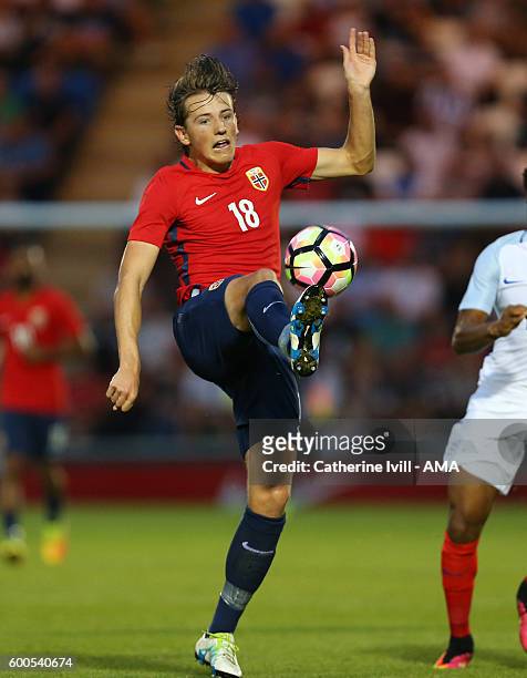 Sander Berge of Norway U21 during the UEFA European U21 Championship Qualifier Group 9 match between England U21 and Norway U21 at Colchester...