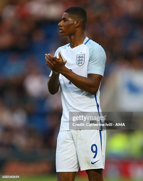 Marcus Rashford of England U21 applauds during the UEFA European U21 Championship Qualifier Group 9 match between England U21 and Norway U21 at...