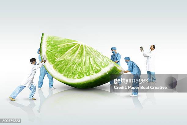 group of scientists looking at a giant lime slice - laboratory scale stock pictures, royalty-free photos & images