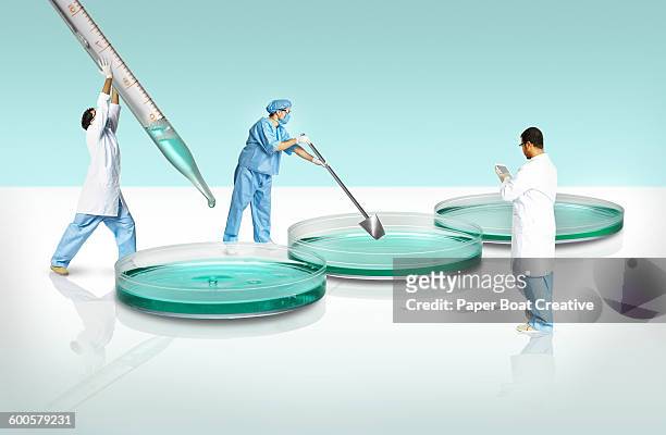 group of scientists experimenting in a giant lab - petri schaal stockfoto's en -beelden