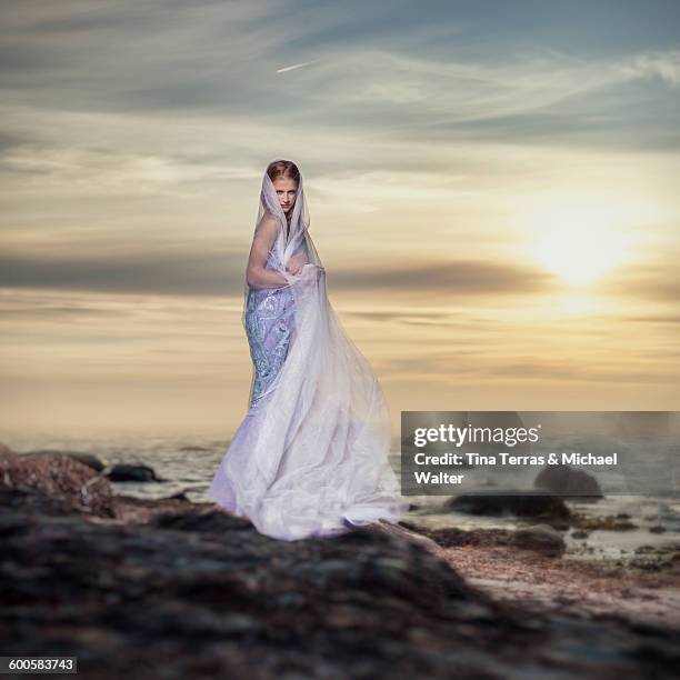 young woman standing on the beach - tina terras michael walter 個照片及圖片檔