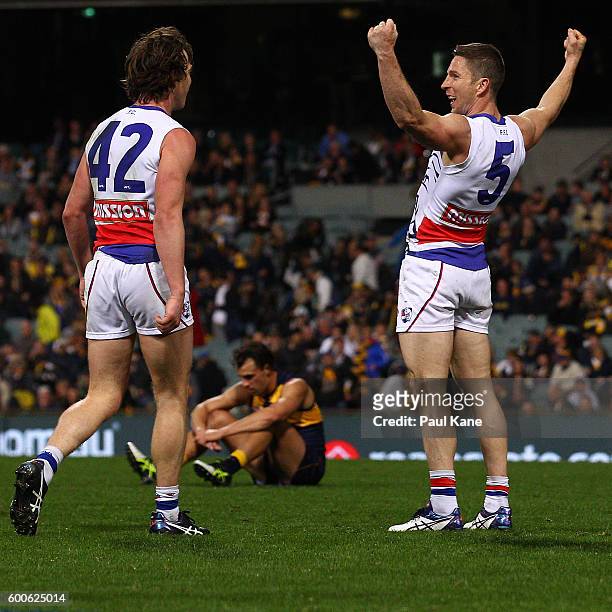 Matthew Boyd of the Bulldogs celebrates winning the Second Elimination Final match between the West Coast Eagles and the Western Bulldogs at Domain...