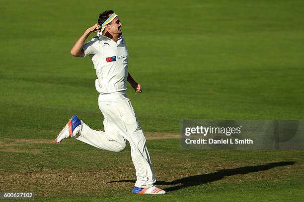 Jack Brooks of Yorkshire celebrates his second wicket with the dismissal of Keaton Jennings of Durham during Day Three of the Specsavers County...