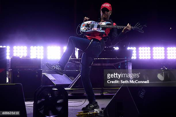 Tom Morello of Prophets of Rage perform at Red Rocks Amphitheatre in Morrison, Colorado on September 7, 2016.