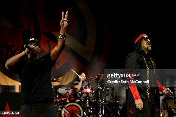 Chuck D and B-Real of Prophets of Rage perform at Red Rocks Amphitheatre in Morrison, Colorado on September 7, 2016.