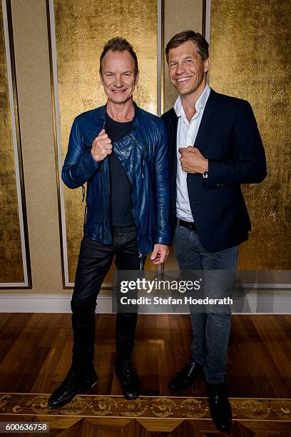 Musician Sting and Frank Briegman of Universal Music pose for a photo during Universal Inside 2016 organized by Universal Music Group at...