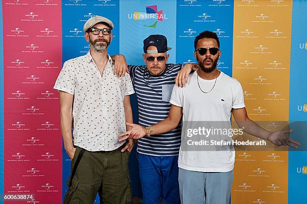 Eizi Eiz and Denyo of Beginner pose for a photo during Universal Inside 2016 organized by Universal Music Group at Mercedes-Benz Arena on September...