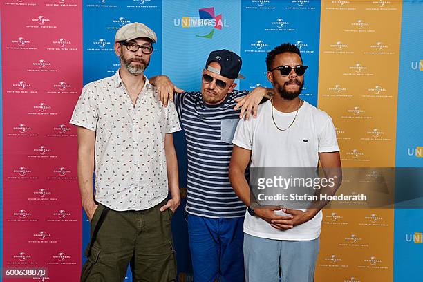 Eizi Eiz and Denyo of Beginner pose for a photo during Universal Inside 2016 organized by Universal Music Group at Mercedes-Benz Arena on September...