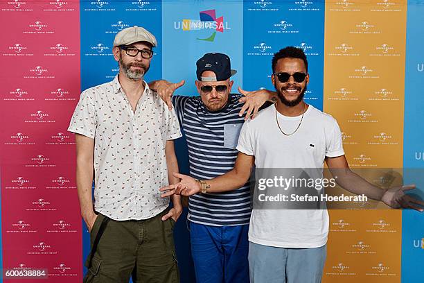 Eizi Eiz and Denyo of Beginner pose for a photo during Universal Inside 2016 organized by Universal Music Group at Mercedes-Benz Arena on September...