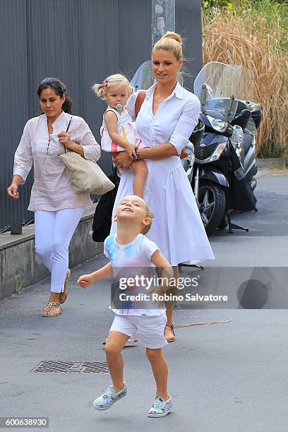 Michelle Hunziker is seen with Sole and Celeste Trussardi on the first day of school on September 8, 2016 in Milan, Italy.