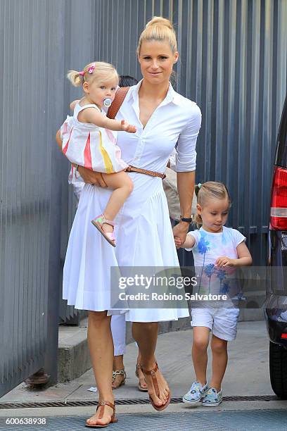 Michelle Hunziker is seen with Sole and Celeste Trussardi on the first day of school on September 8, 2016 in Milan, Italy.